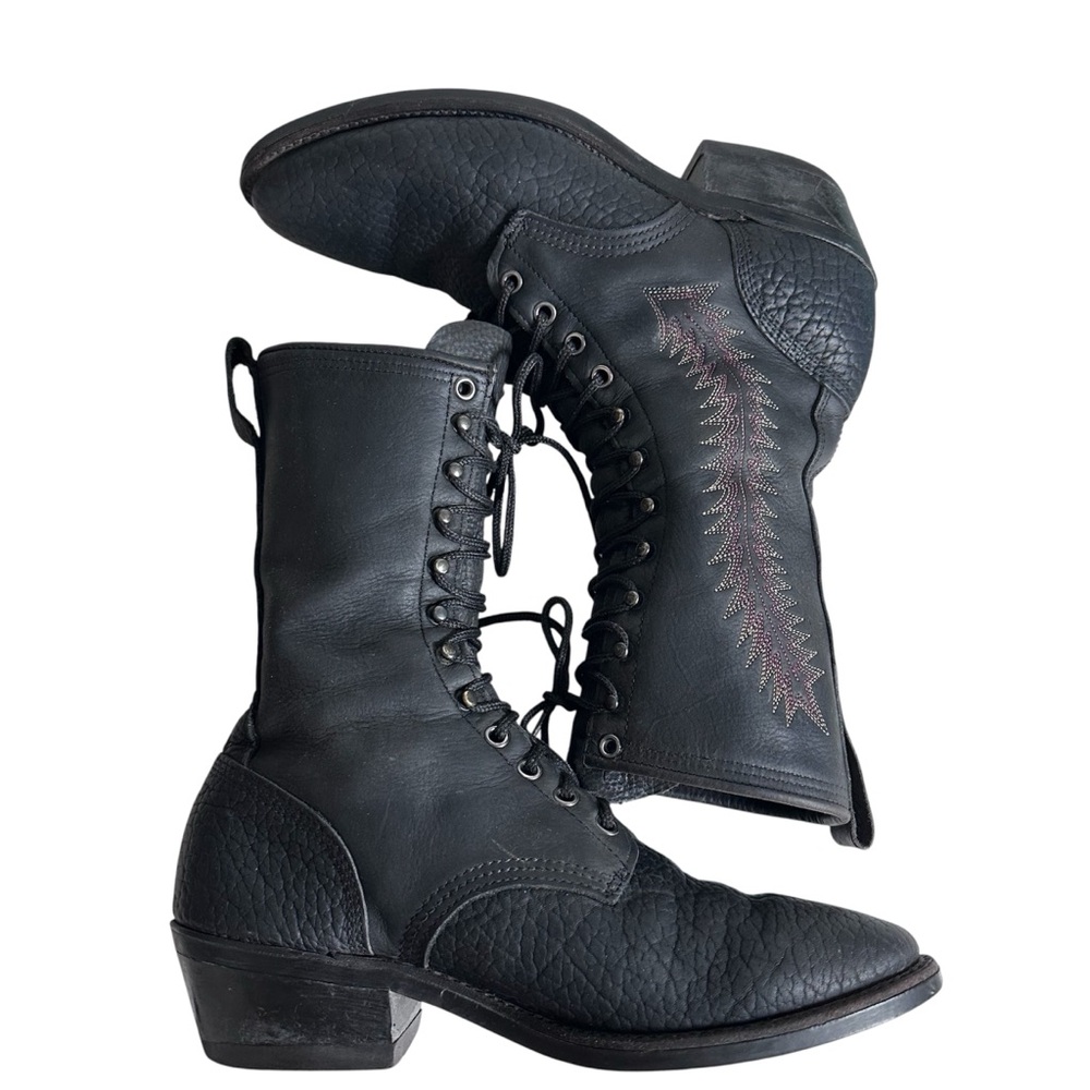 Dark Cowboy Ethel Cain-Style Black REAL Leather Unique Lace-Up Embroidered Boots - Picture 7 of 13
